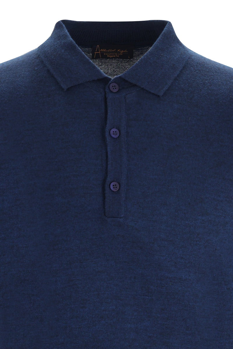 Koyu Petrol Polo Yaka Regular Fit Yünlü Triko Kazak