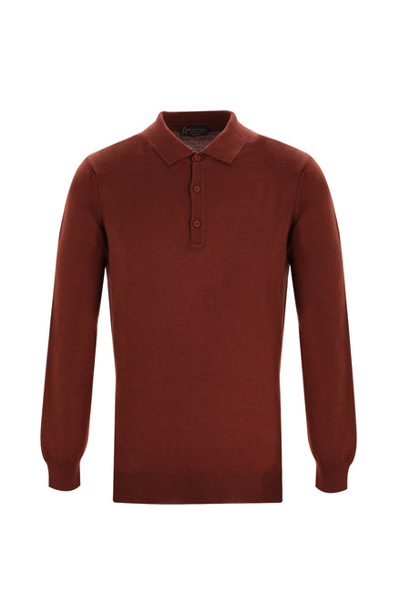 Kiremit Polo Yaka Regular Fit Yünlü Triko Kazak