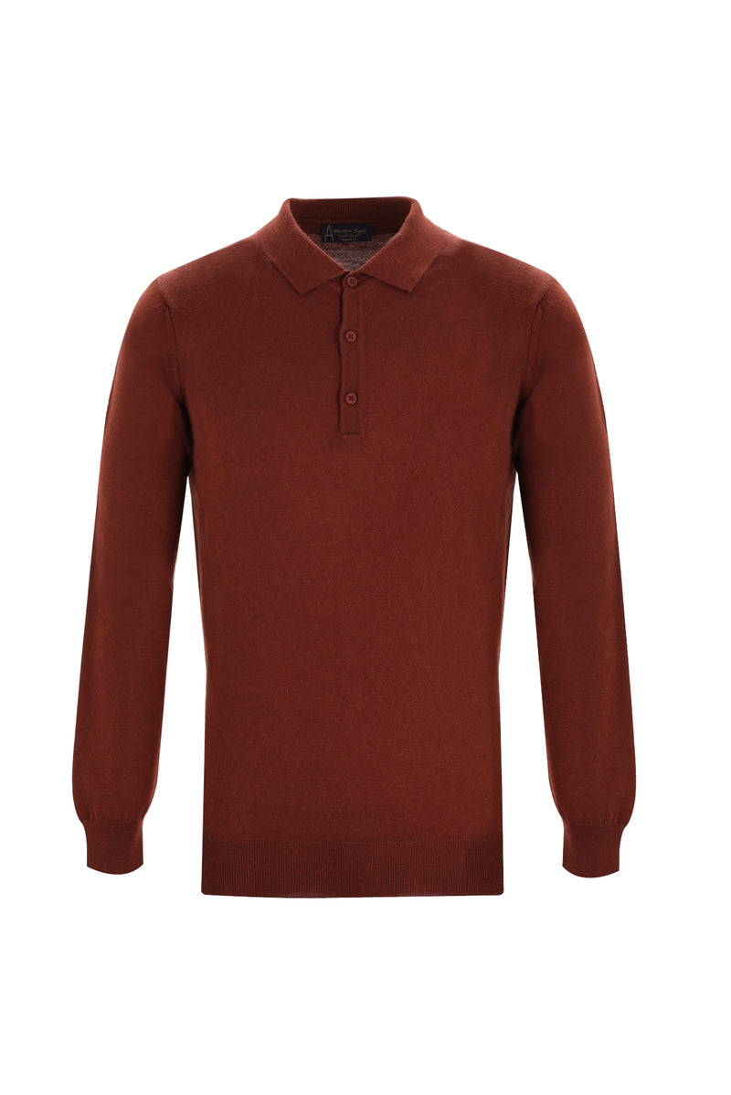 Kiremit Polo Yaka Regular Fit Yünlü Triko Kazak