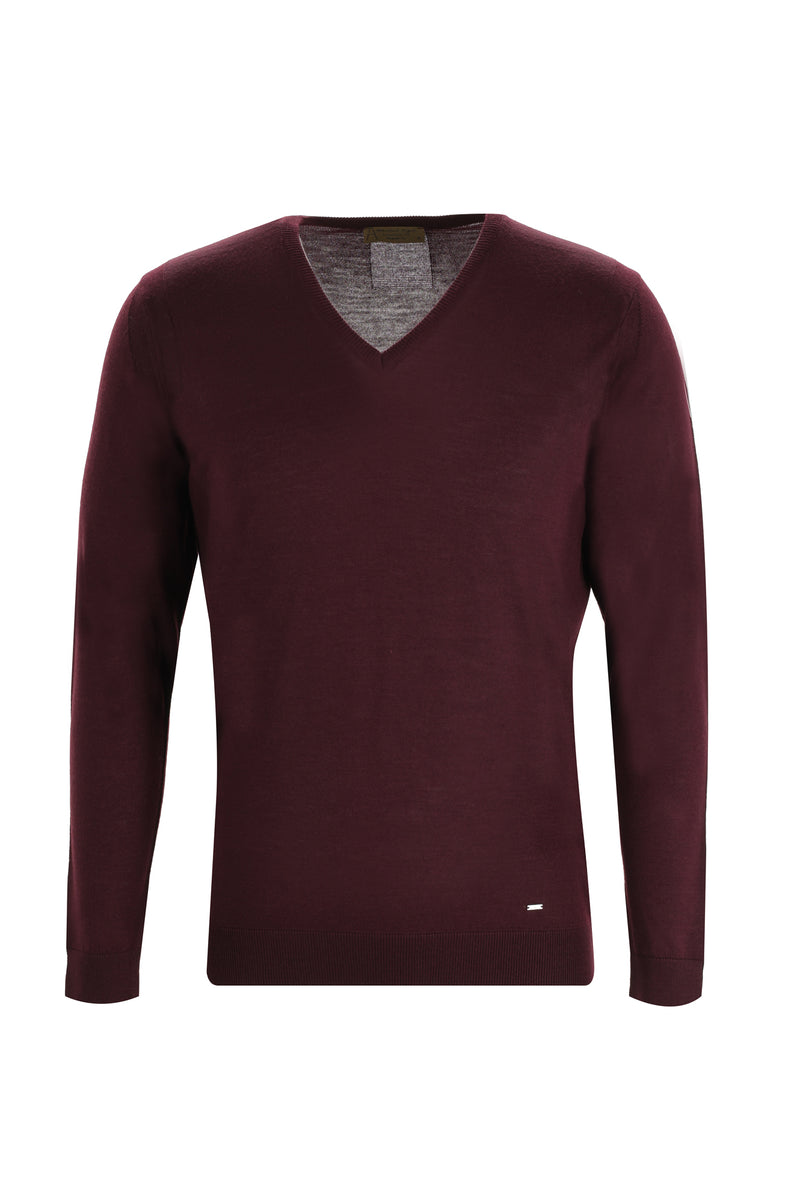 Koyu Bordo V Yaka Regular Fit Yünlü Triko Kazak