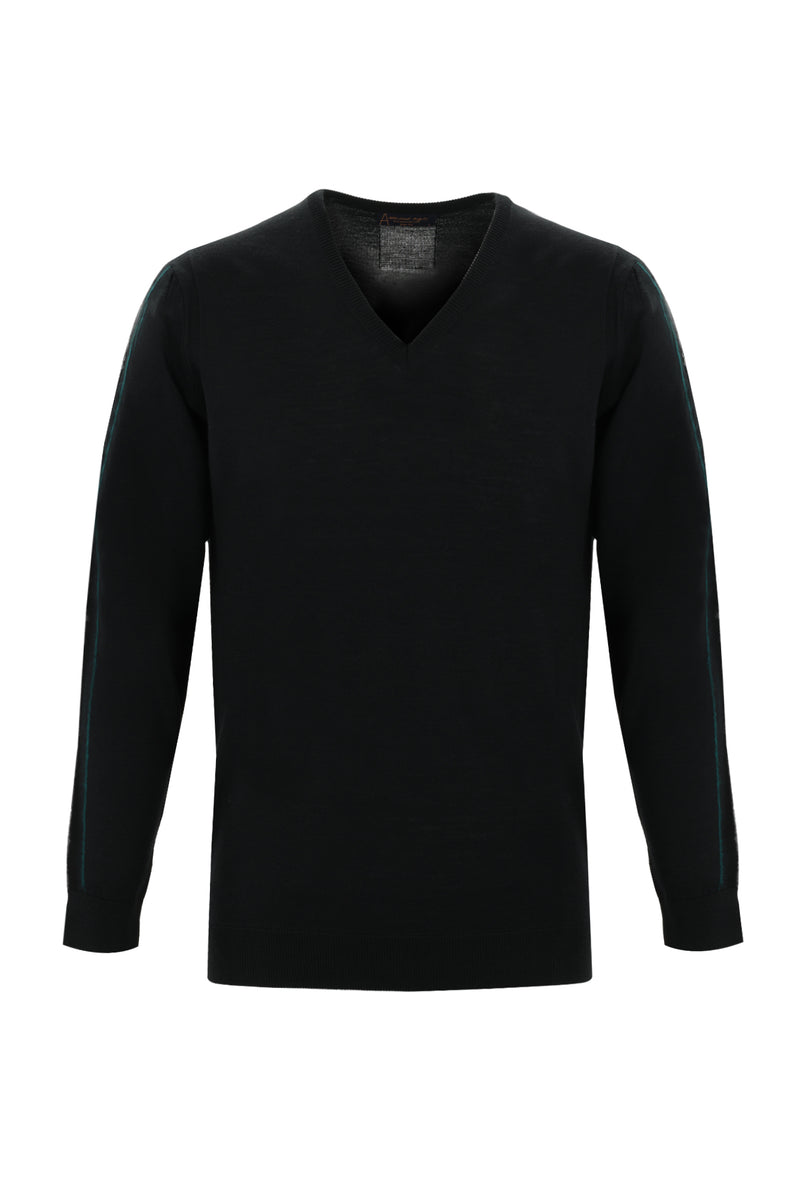 Siyah V Yaka Slim Fit Dar Kesim Yünlü Triko Kazak