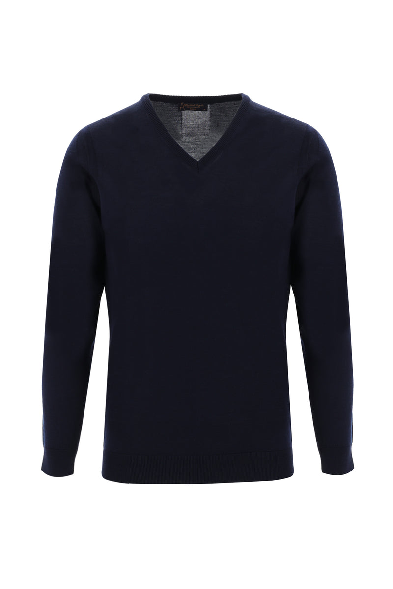 Koyu Lacivert V Yaka Slim Fit Dar Kesim Yünlü Triko Kazak