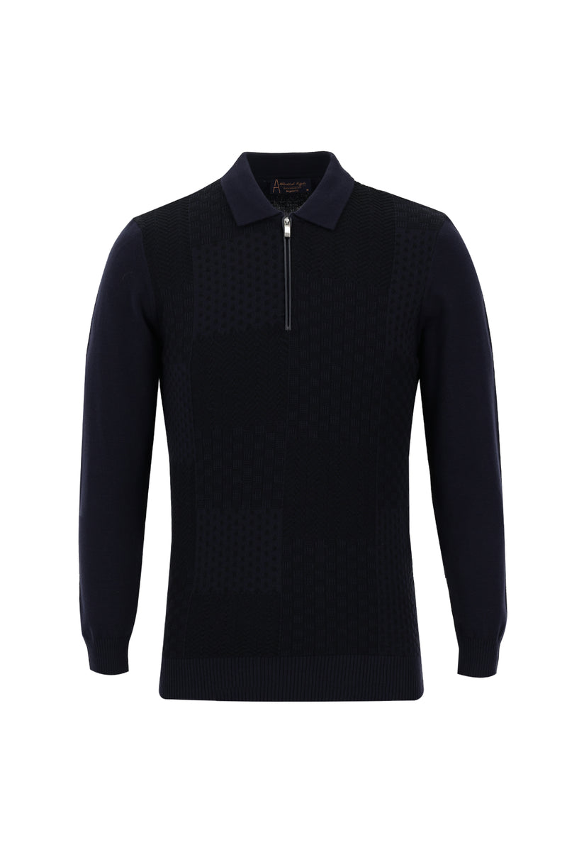 Koyu Lacivert Polo Yaka Regular Fit Fermuarlı Triko Kazak