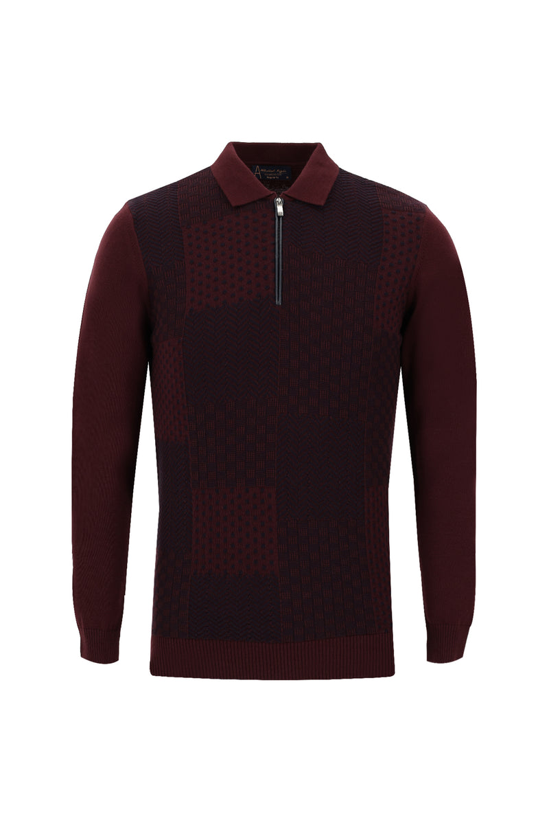 Koyu Bordo Polo Yaka Regular Fit Fermuarlı Triko Kazak