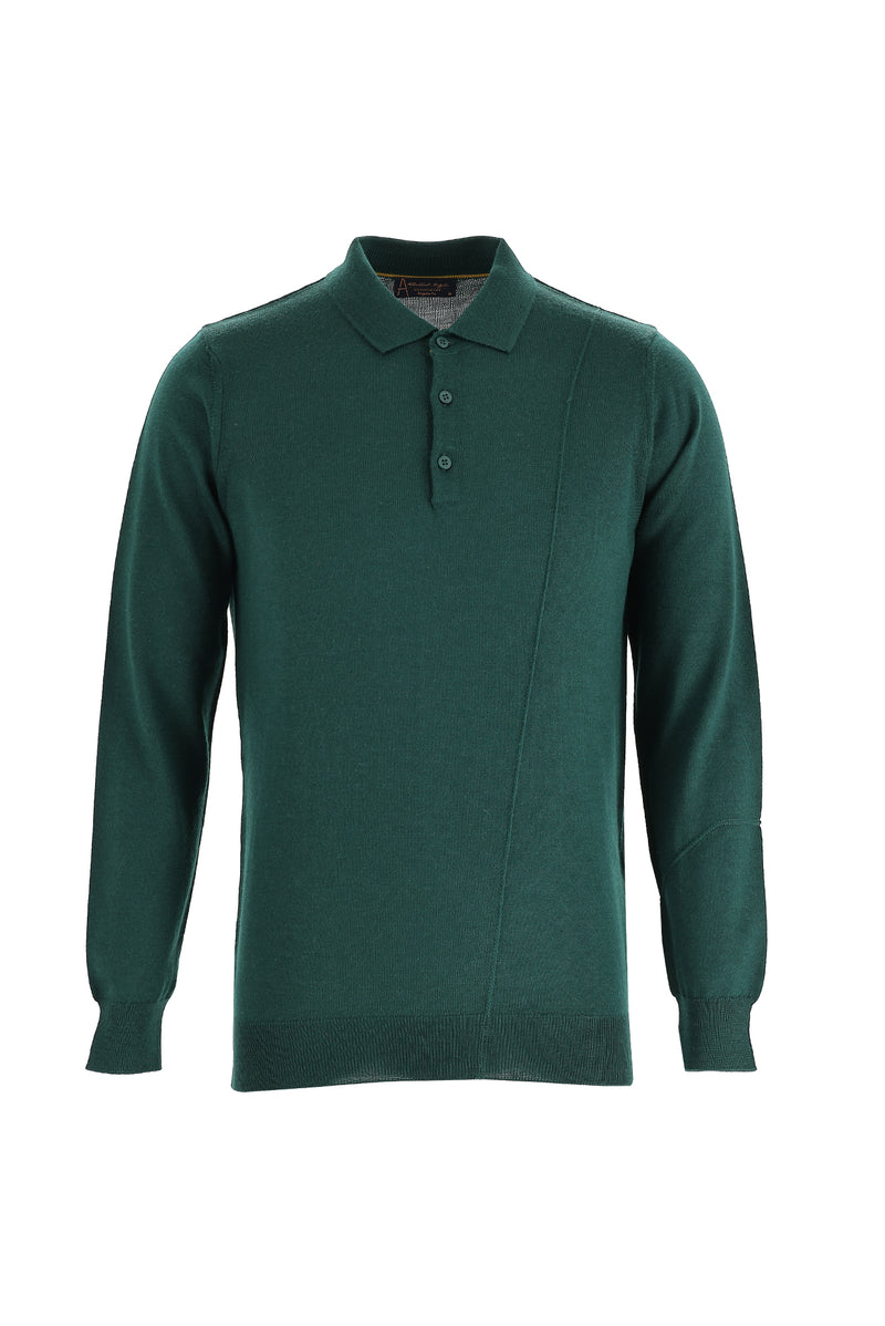 Koyu Yeşil Polo Yaka Regular Fit Triko Kazak