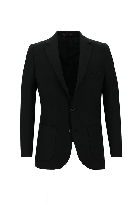Siyah Slim Fit Dar Kesim Yünlü Desenli Ceket