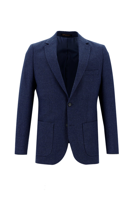 Koyu Mavi  Relaxed Fit Rahat Kesim Yünlü Desenli Ceket