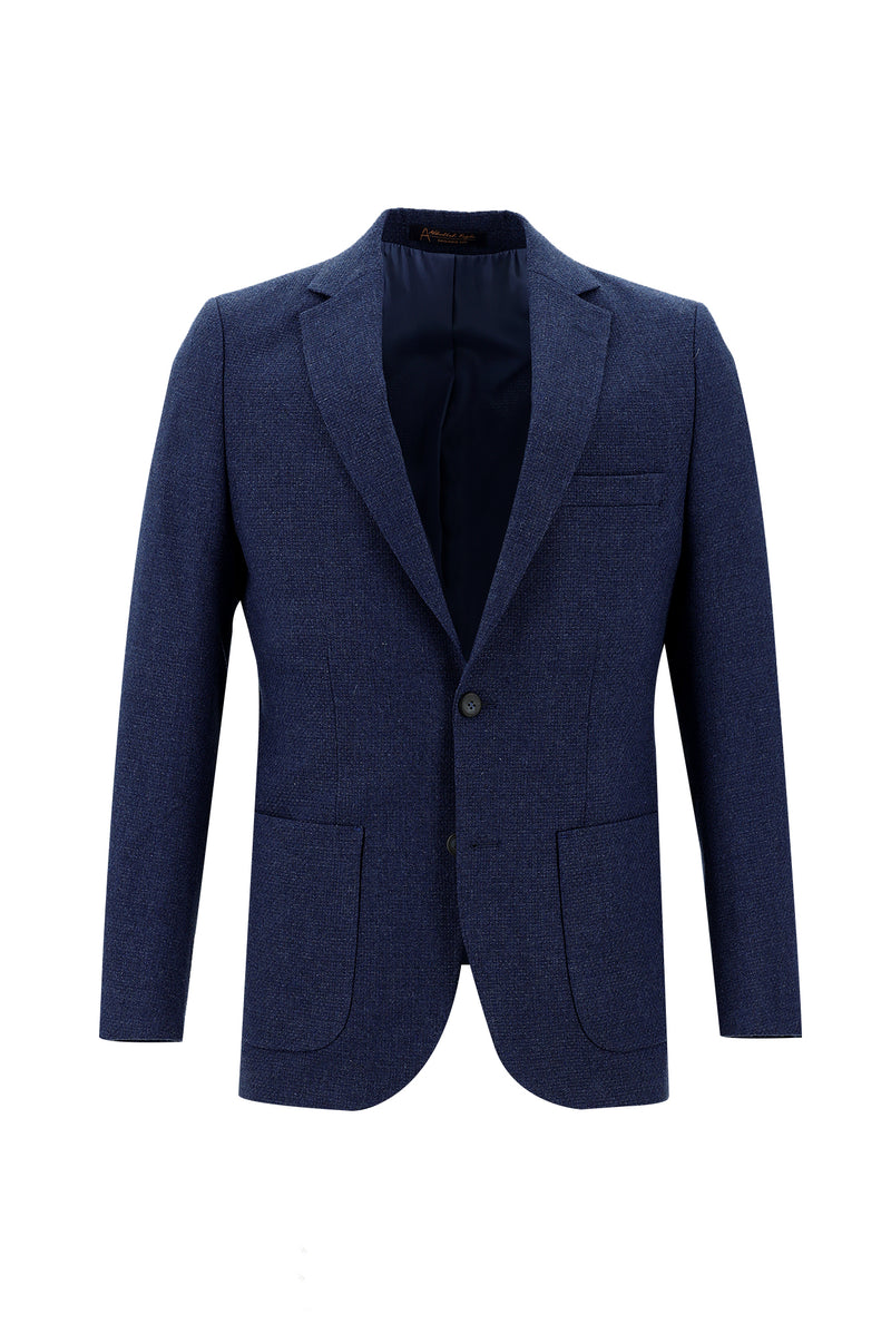 Koyu Mavi  Relaxed Fit Rahat Kesim Yünlü Desenli Ceket