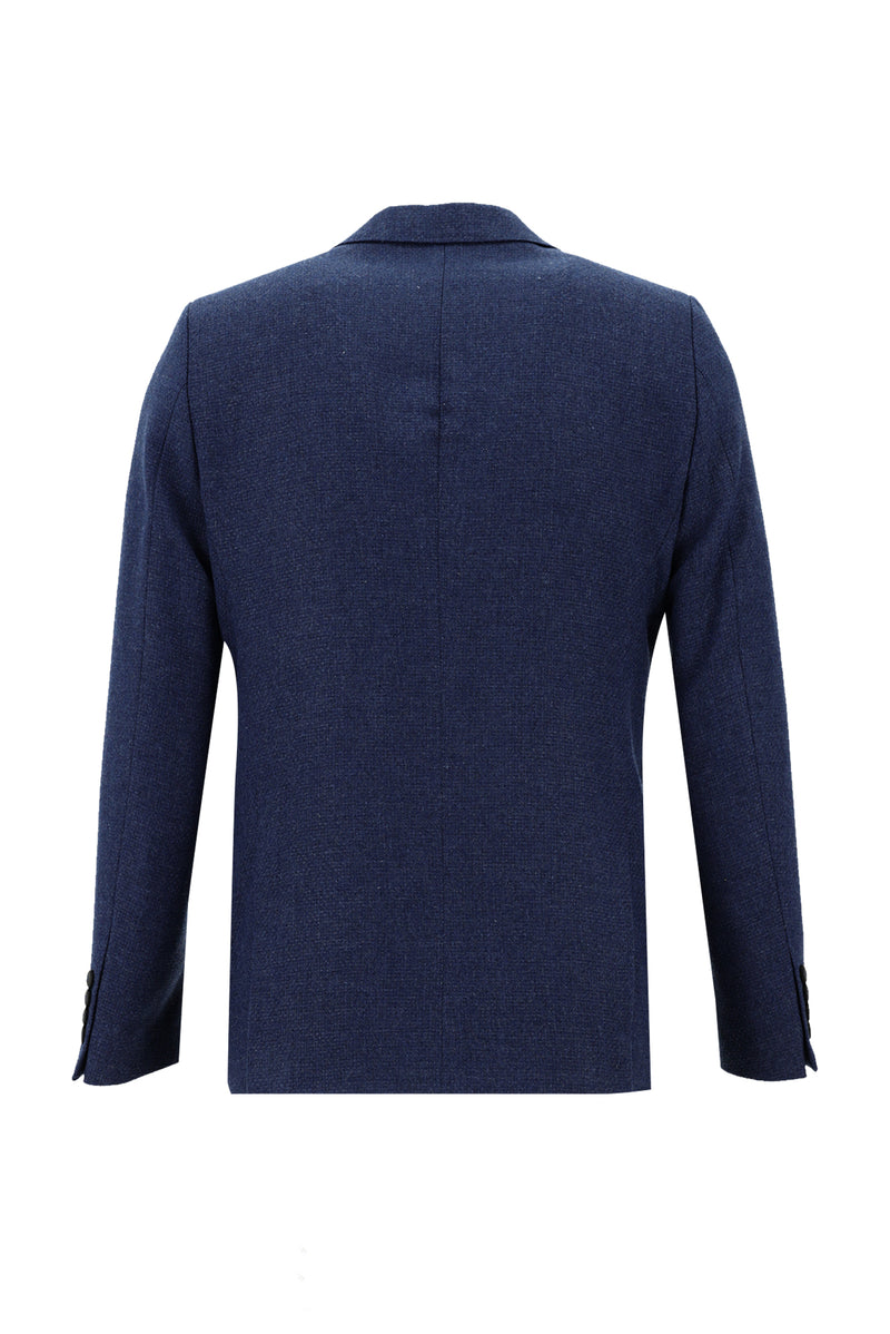 Koyu Mavi  Relaxed Fit Rahat Kesim Yünlü Desenli Ceket