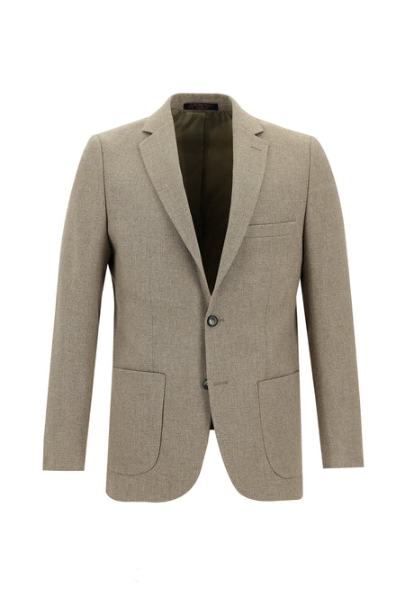 Orta Bej Slim Fit Dar Kesim Yünlü Desenli Ceket