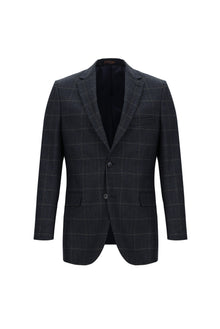 Koyu Lacivert Regular Fit Klasik Kareli Yün Ceket