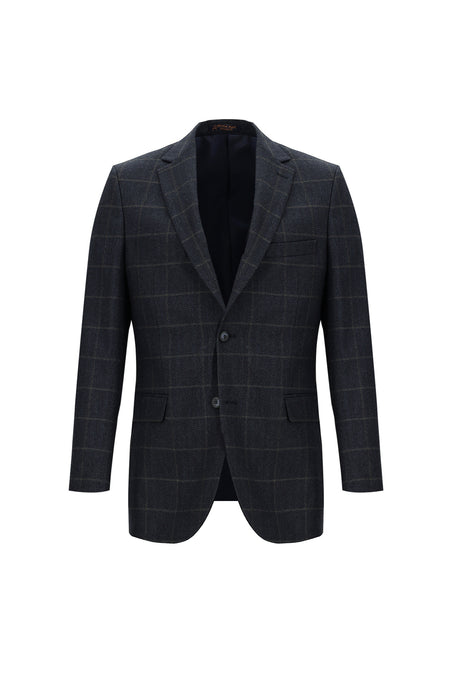 Koyu Lacivert Regular Fit Klasik Kareli Yün Ceket