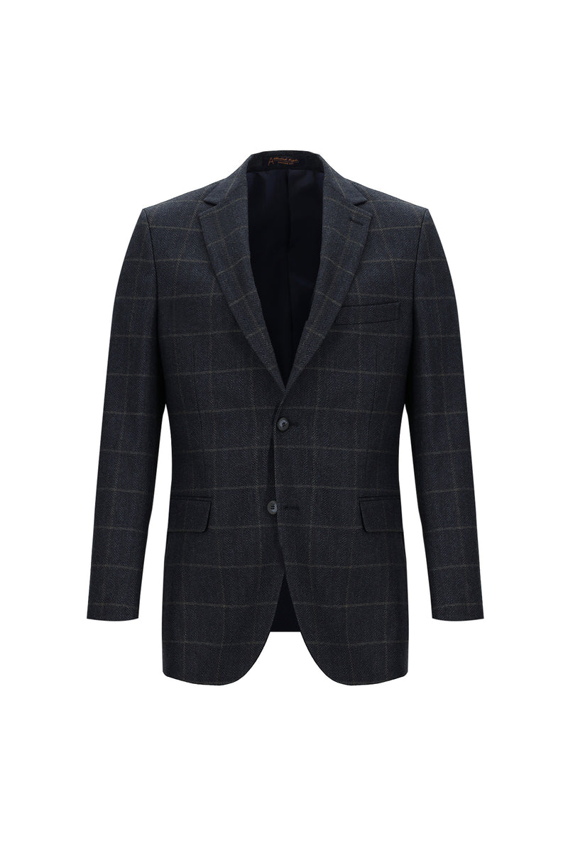 Koyu Lacivert Regular Fit Klasik Kareli Yün Ceket