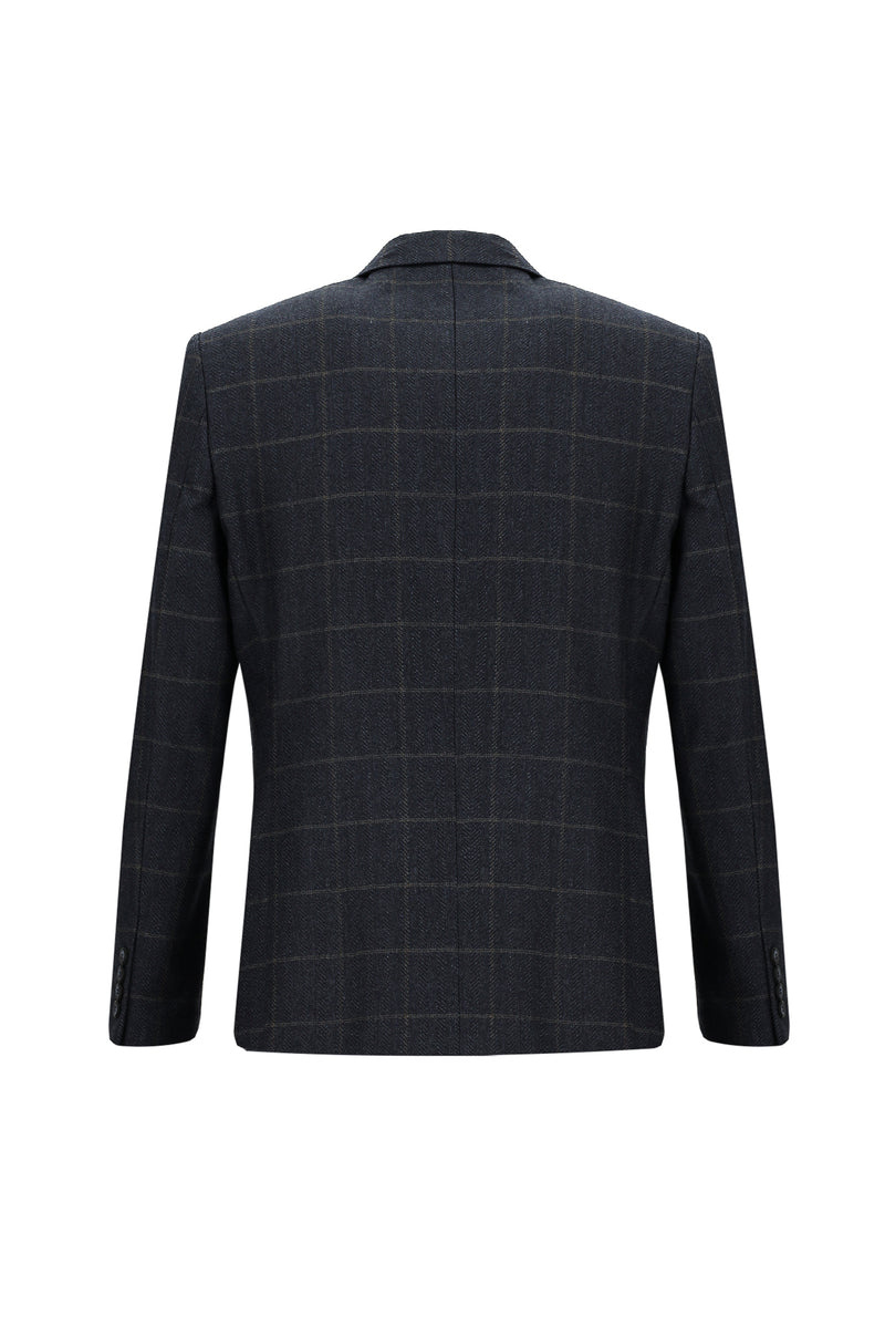 Koyu Lacivert Regular Fit Klasik Kareli Yün Ceket