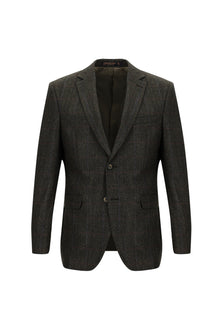 Koyu Kahve Slim Fit Dar Kesim Klasik Kareli Yün Ceket