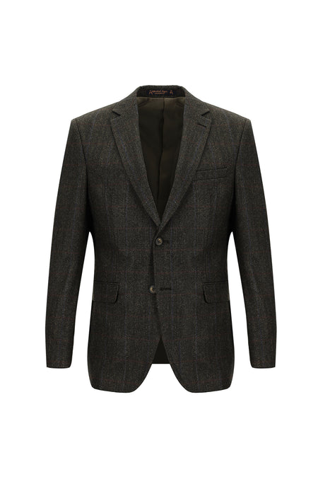 Koyu Kahve Slim Fit Dar Kesim Klasik Kareli Yün Ceket