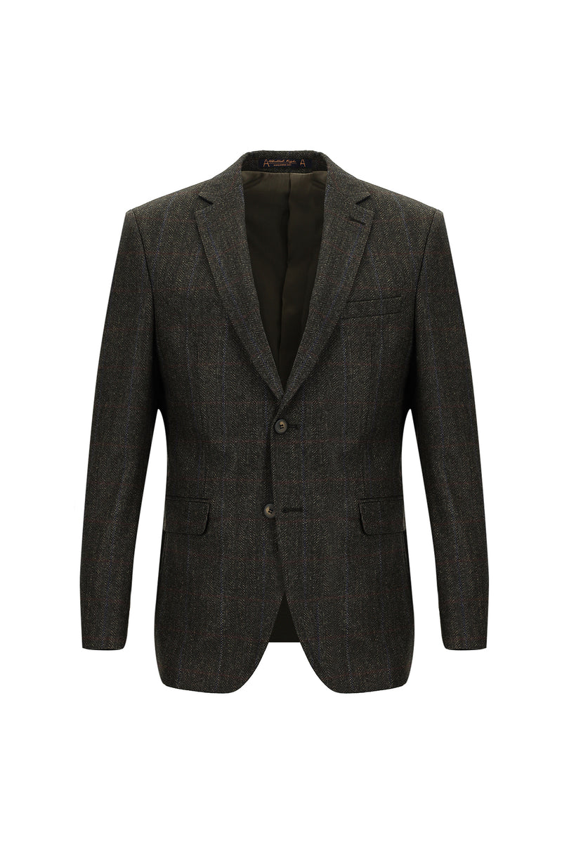 Koyu Kahve Slim Fit Dar Kesim Klasik Kareli Yün Ceket