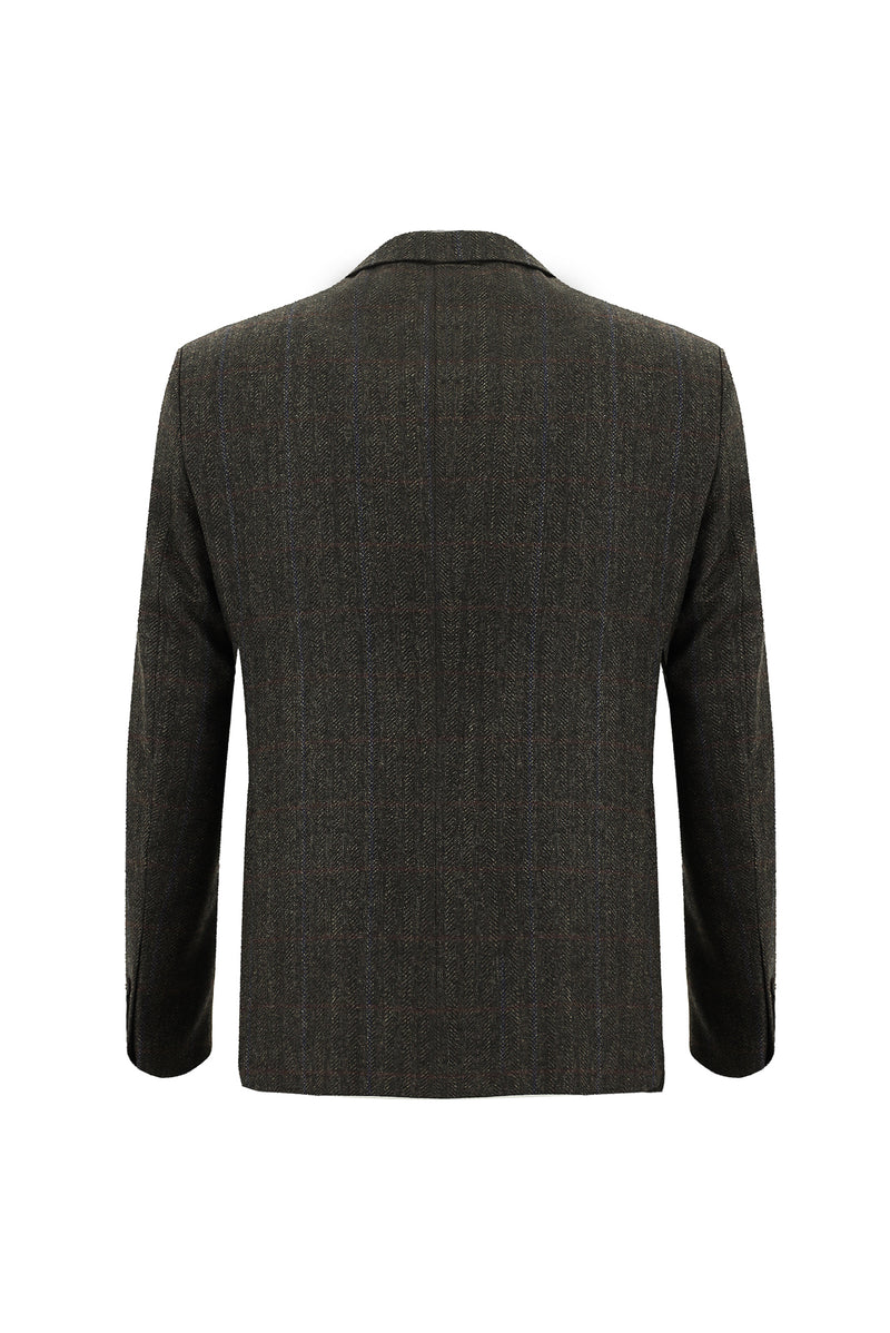 Koyu Kahve Slim Fit Dar Kesim Klasik Kareli Yün Ceket