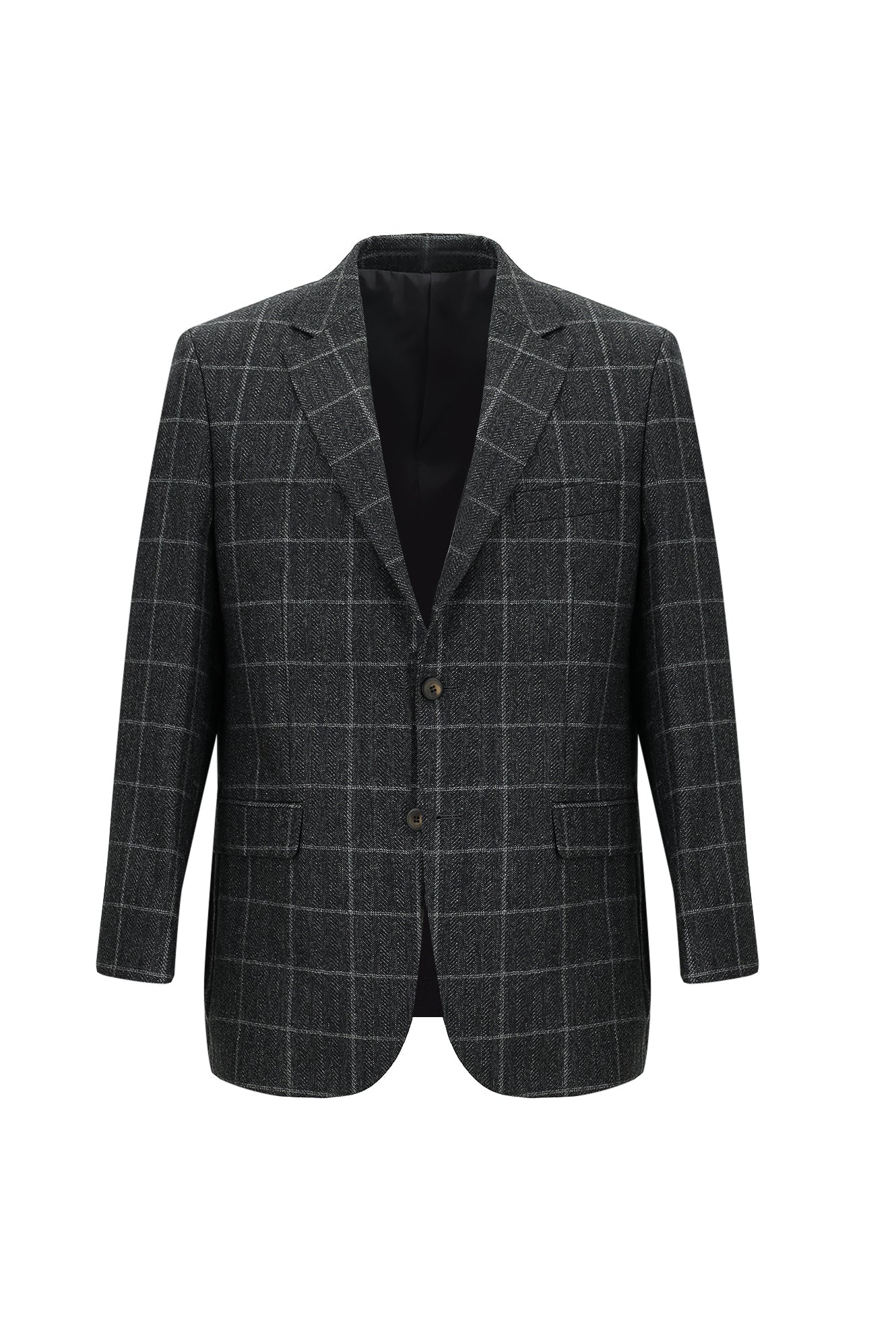 Koyu Antrasit Relaxed Fit Rahat Kesim Klasik Kareli Yün Ceket