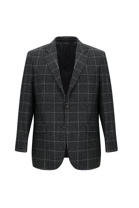 Koyu Antrasit Relaxed Fit Rahat Kesim Klasik Kareli Yün Ceket