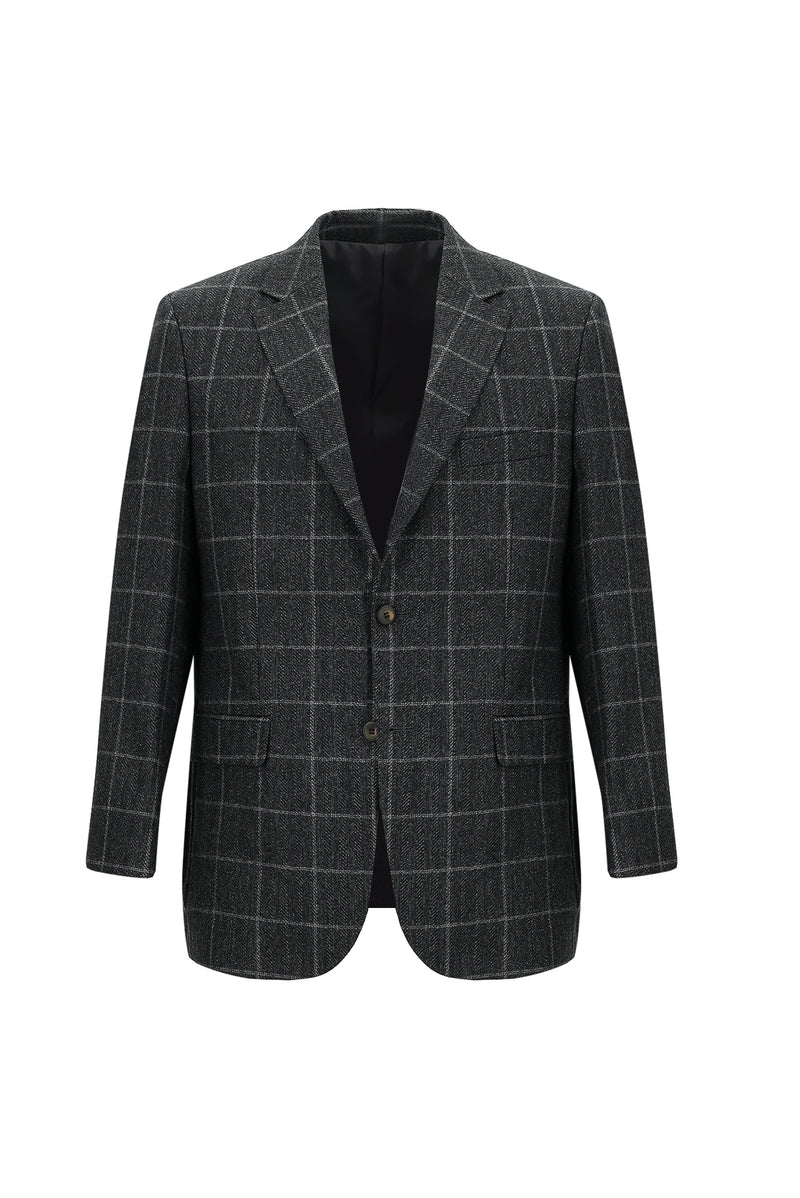 Koyu Antrasit Relaxed Fit Rahat Kesim Klasik Kareli Yün Ceket