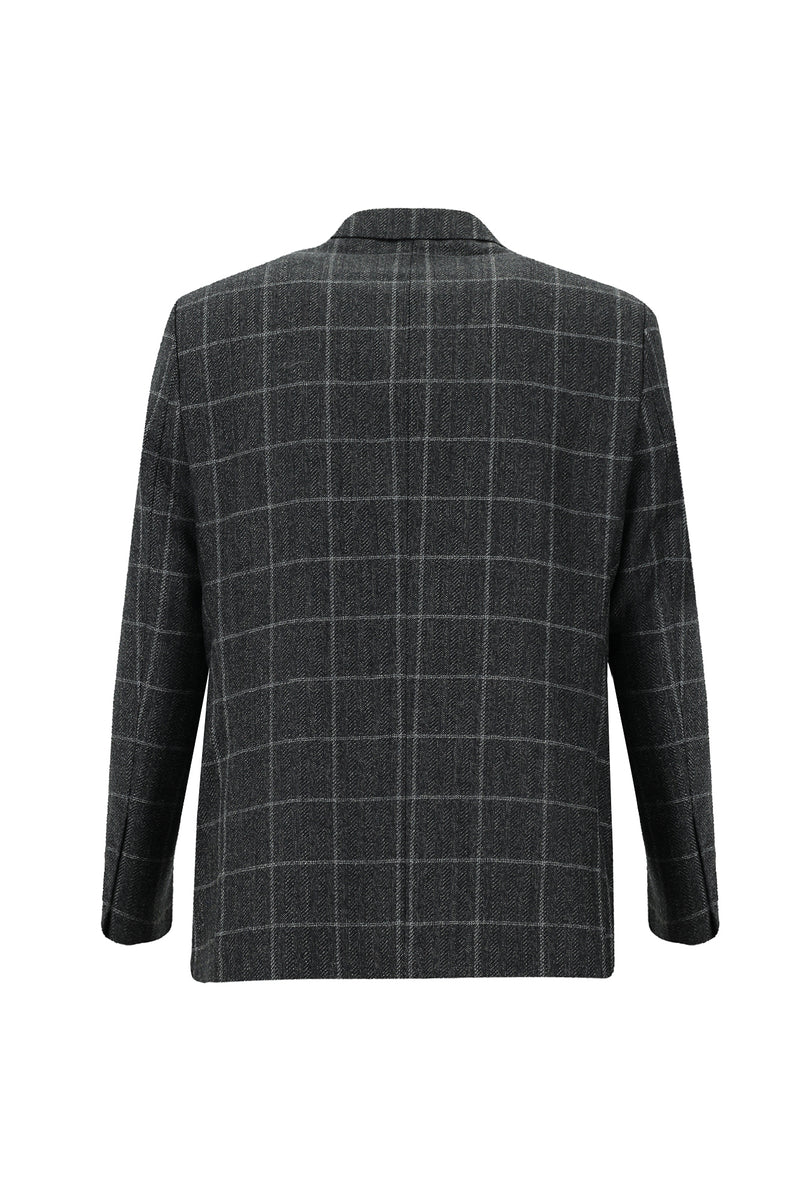 Koyu Antrasit Relaxed Fit Rahat Kesim Klasik Kareli Yün Ceket