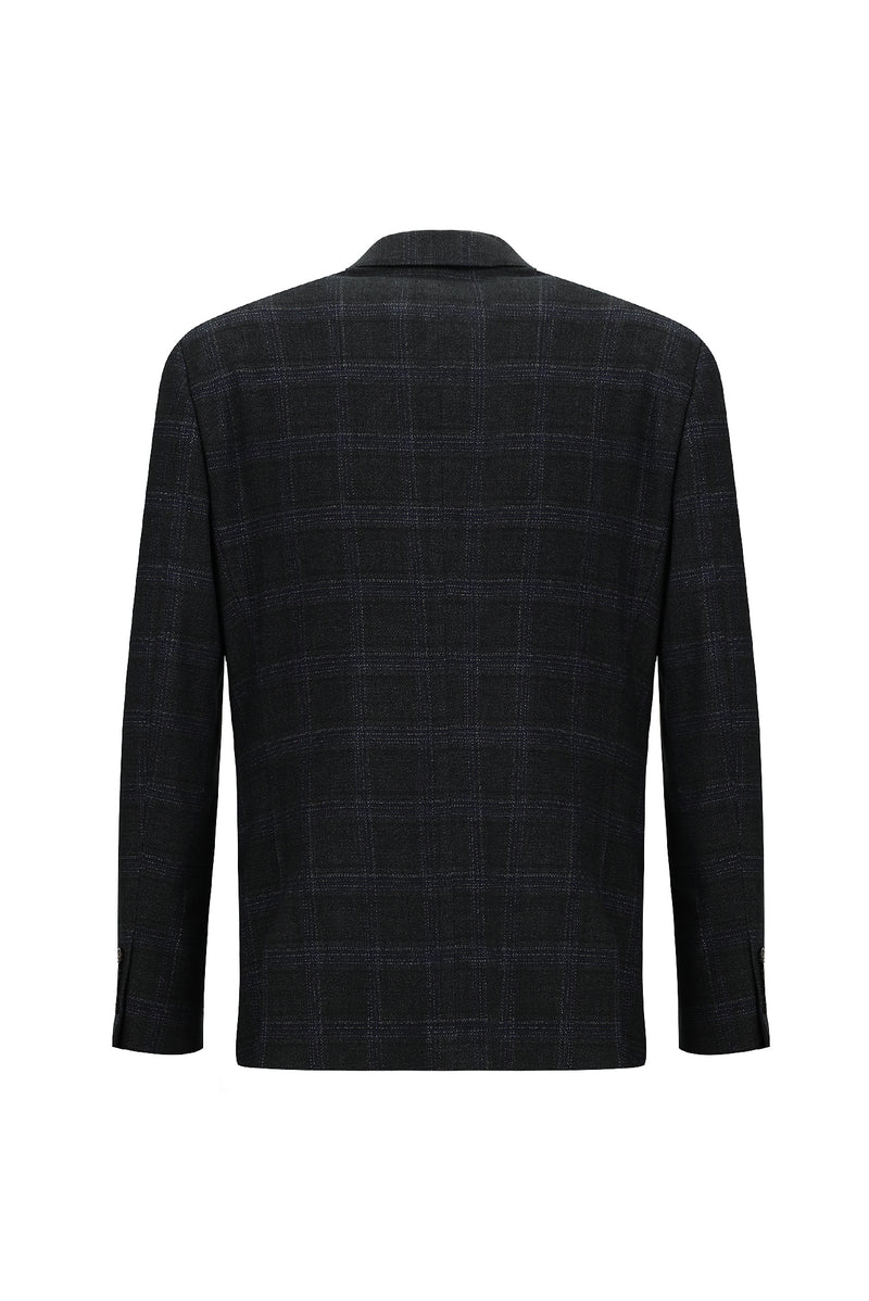 Koyu Antrasit Regular Fit Yünlü Ekose Ceket