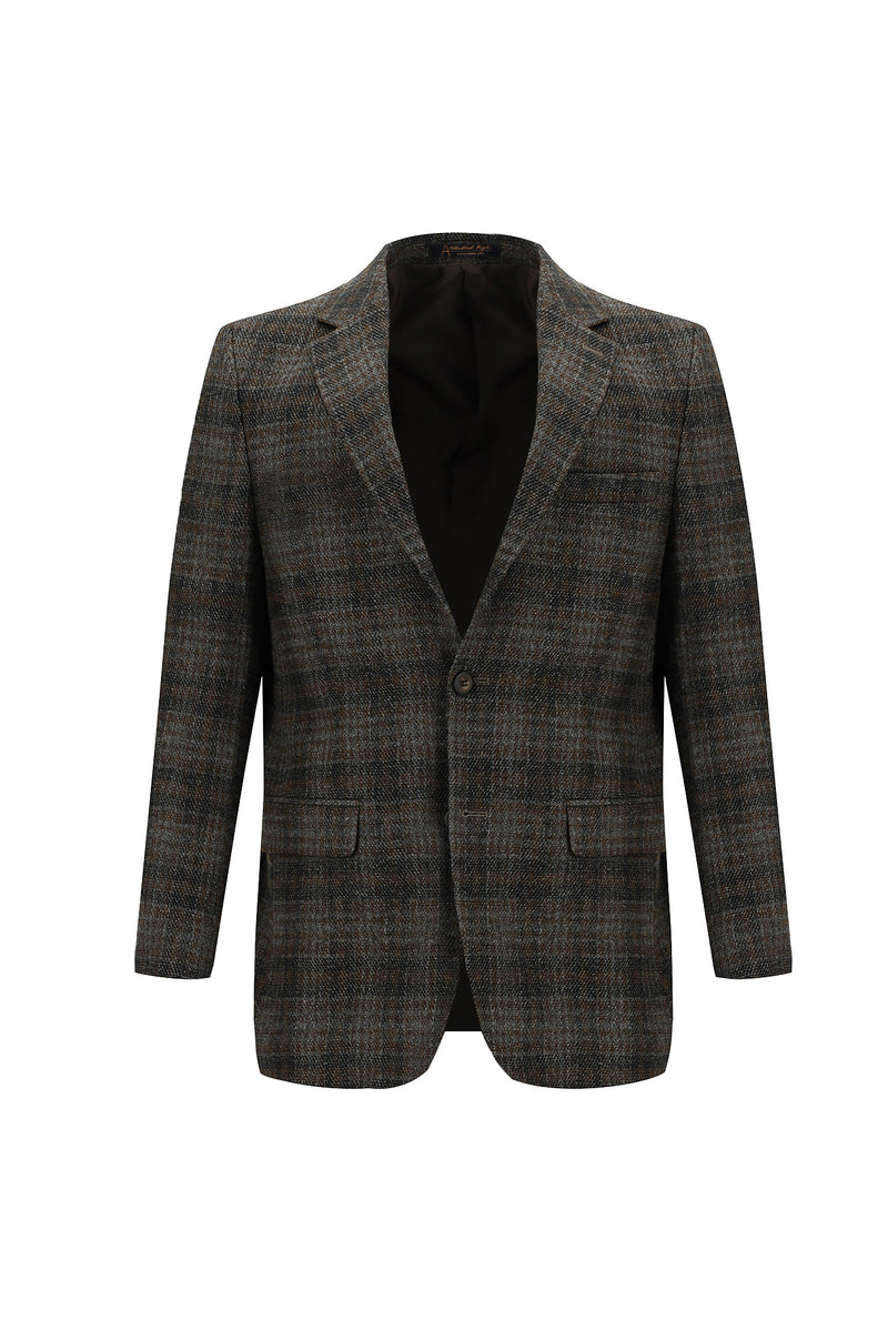 Koyu Kahve Relaxed Fit Rahat Kesim Ekose Keten Karışımlı Ceket