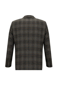 Koyu Kahve Relaxed Fit Rahat Kesim Ekose Keten Karışımlı Ceket