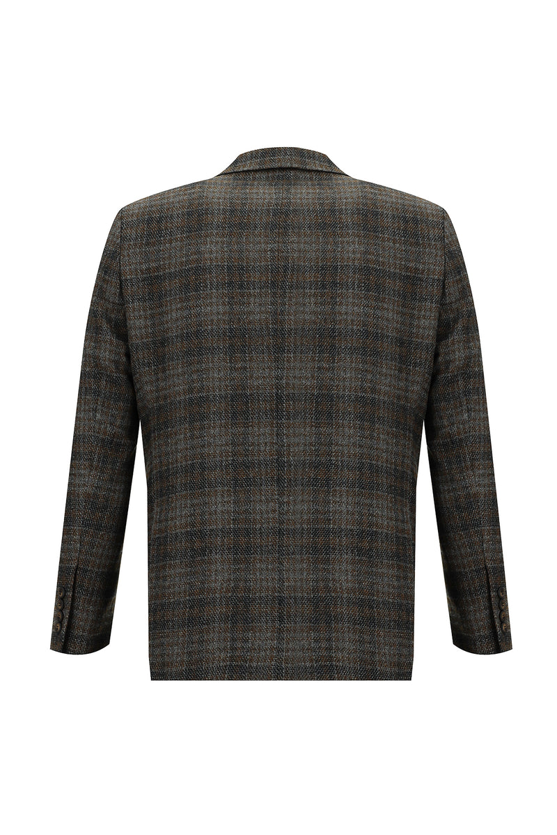 Koyu Kahve Relaxed Fit Rahat Kesim Ekose Keten Karışımlı Ceket