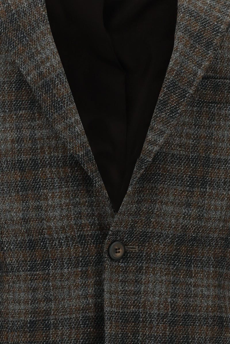 Koyu Kahve Relaxed Fit Rahat Kesim Ekose Keten Karışımlı Ceket