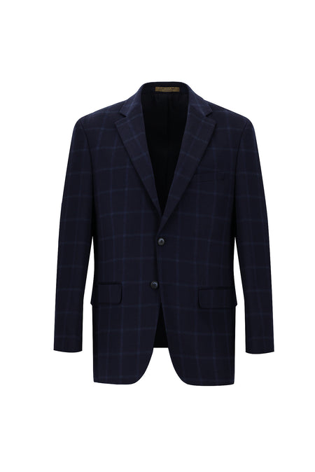 Koyu Lacivert Relaxed Fit Rahat Kesim Kareli Kaşmir Ceket