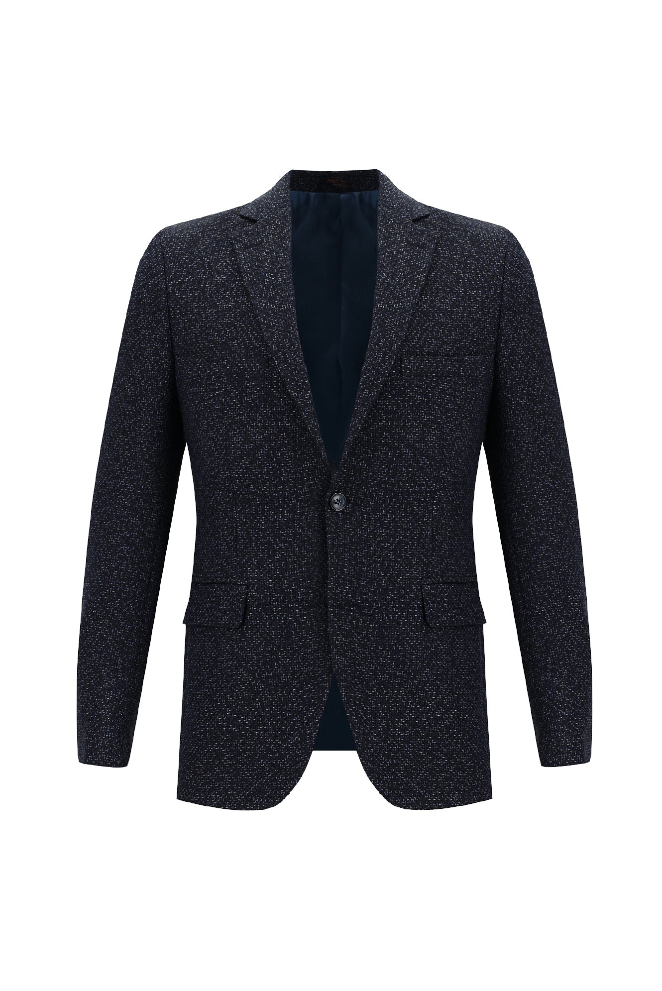 Orta Lacivert Slim Fit Dar Kesim Yünlü Klasik Desenli Ceket