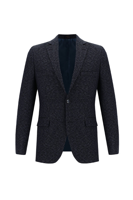 Orta Lacivert Slim Fit Dar Kesim Yünlü Klasik Desenli Ceket