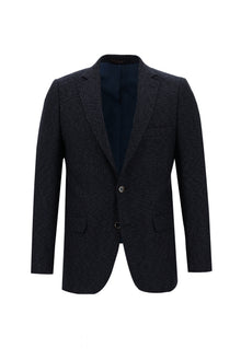 Koyu Lacivert Slim Fit Dar Kesim Yünlü Klasik Desenli Ceket