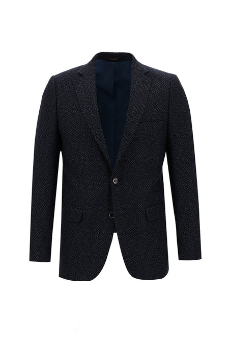 Koyu Lacivert Slim Fit Dar Kesim Yünlü Klasik Desenli Ceket