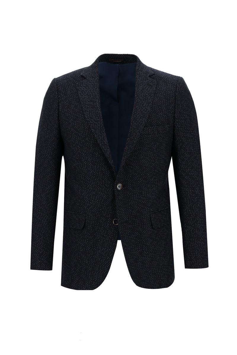 Koyu Lacivert Slim Fit Dar Kesim Yünlü Klasik Desenli Ceket