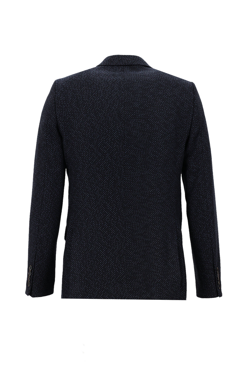Koyu Lacivert Slim Fit Dar Kesim Yünlü Klasik Desenli Ceket