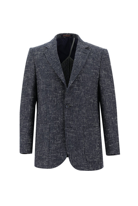 Orta Lacivert 4 Drop Relaxed Fit Rahat Kesim Desenli Yünlü Ceket-Abdullah Ki??l?