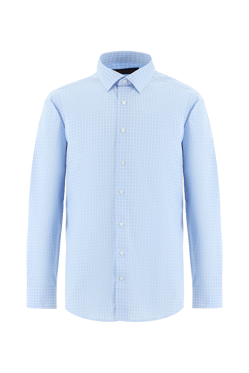 Açık Mavi Uzun Kol Regular Fit Kareli Pamuk Gömlek