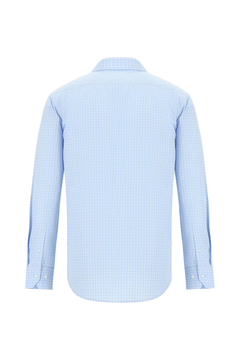 Açık Mavi Uzun Kol Regular Fit Kareli Pamuk Gömlek