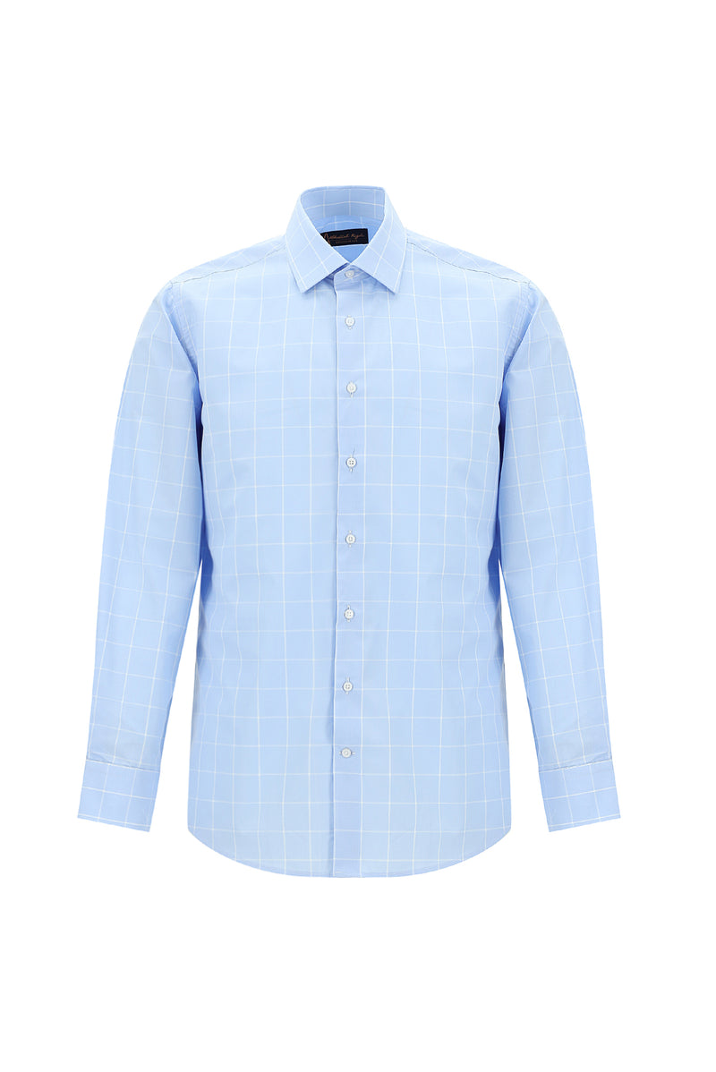 Açık Mavi Uzun Kol Regular Fit Kareli Pamuk Gömlek