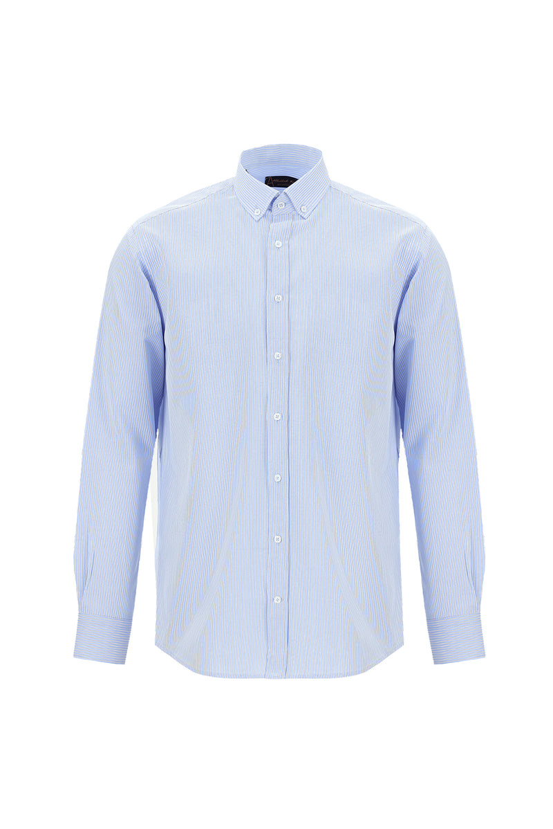Açık Mavi Uzun Kol Regular Fit Çizgili Pamuk Gömlek
