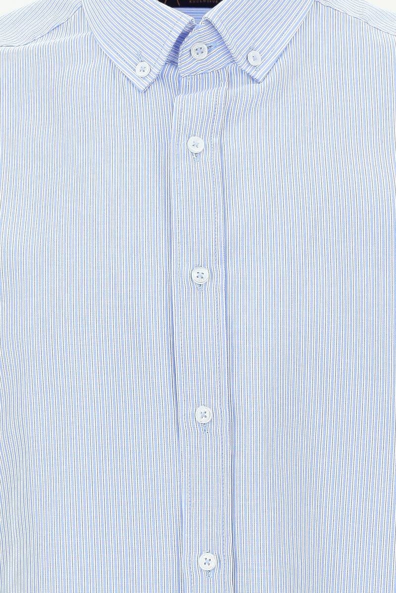 Açık Mavi Uzun Kol Regular Fit Çizgili Pamuk Gömlek