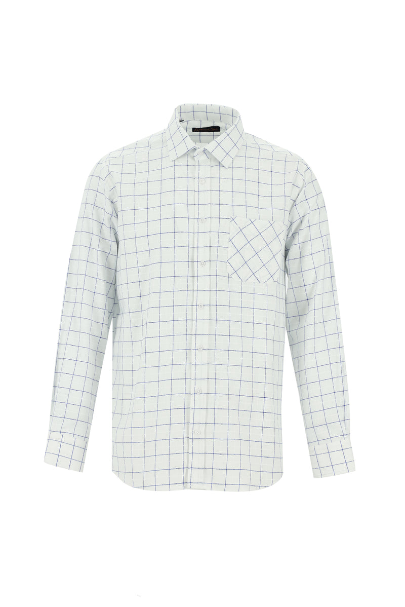 Beyaz Uzun Kol Regular Fit Kareli Pamuk Gömlek