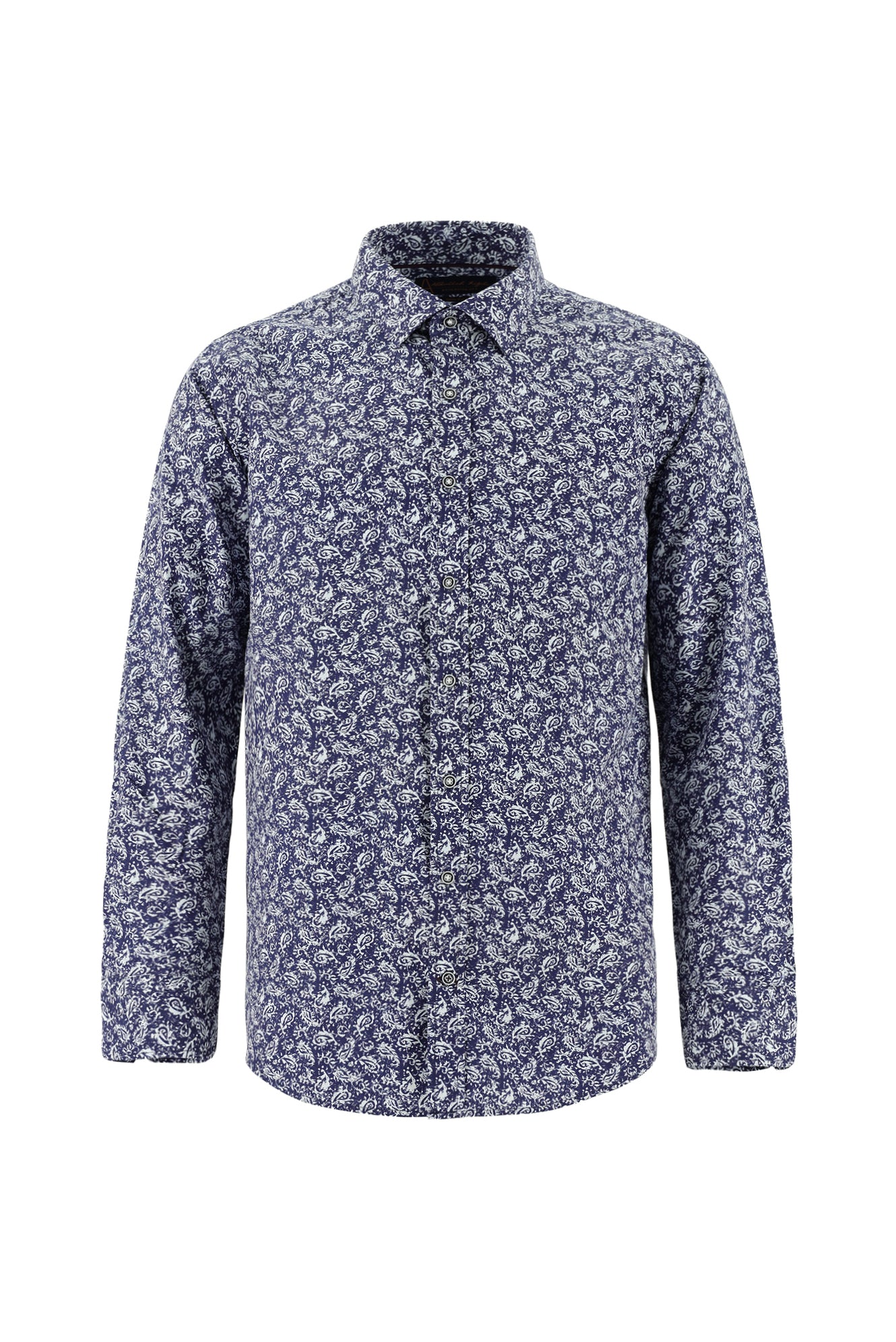 Orta Lacivert Uzun Kol Slim Fit Dar Kesim Bask?l? Pamuk Gömlek-Abdullah Ki??l?