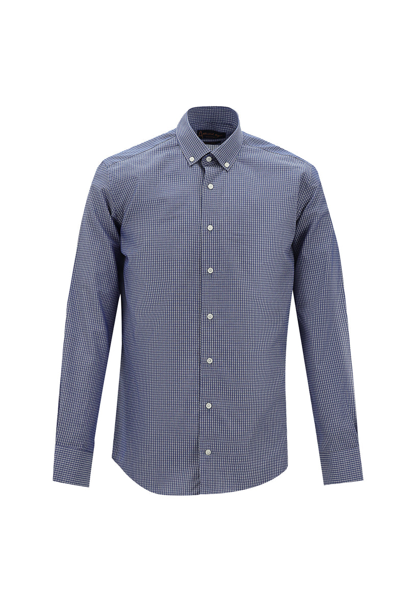 Koyu Lacivert Uzun Kol Slim Fit Dar Kesim Ekose Pamuk Gömlek