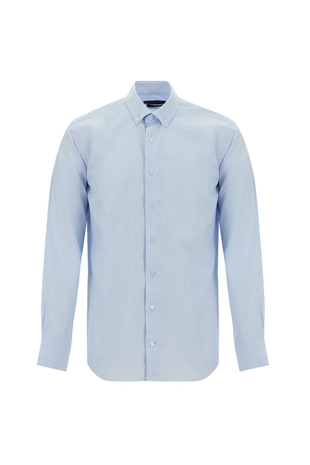 Uçuk Mavi Uzun Kol Slim Fit Dar Kesim Ekose Pamuk Gömlek