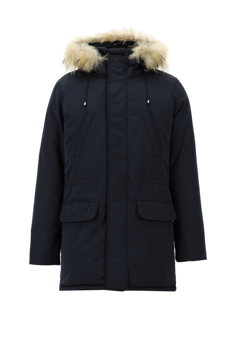 Koyu Lacivert Kapüşonlu Kürklü Şişme Kaban