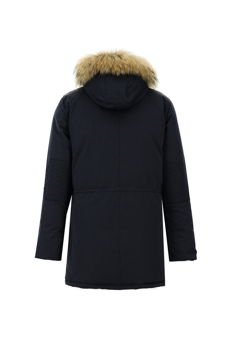 Koyu Lacivert Kapüşonlu Kürklü Şişme Kaban